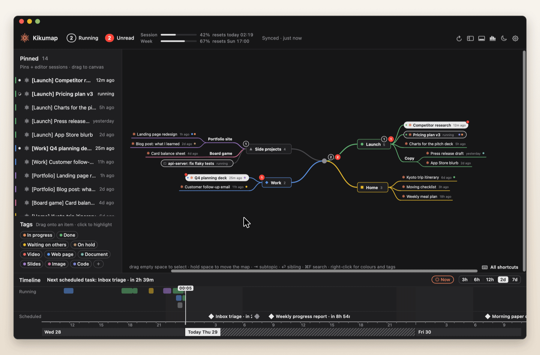 Dragging the Work topic across the map: it follows the pointer on a live branch, the other topics slide apart to make room, and it lands where the gap was