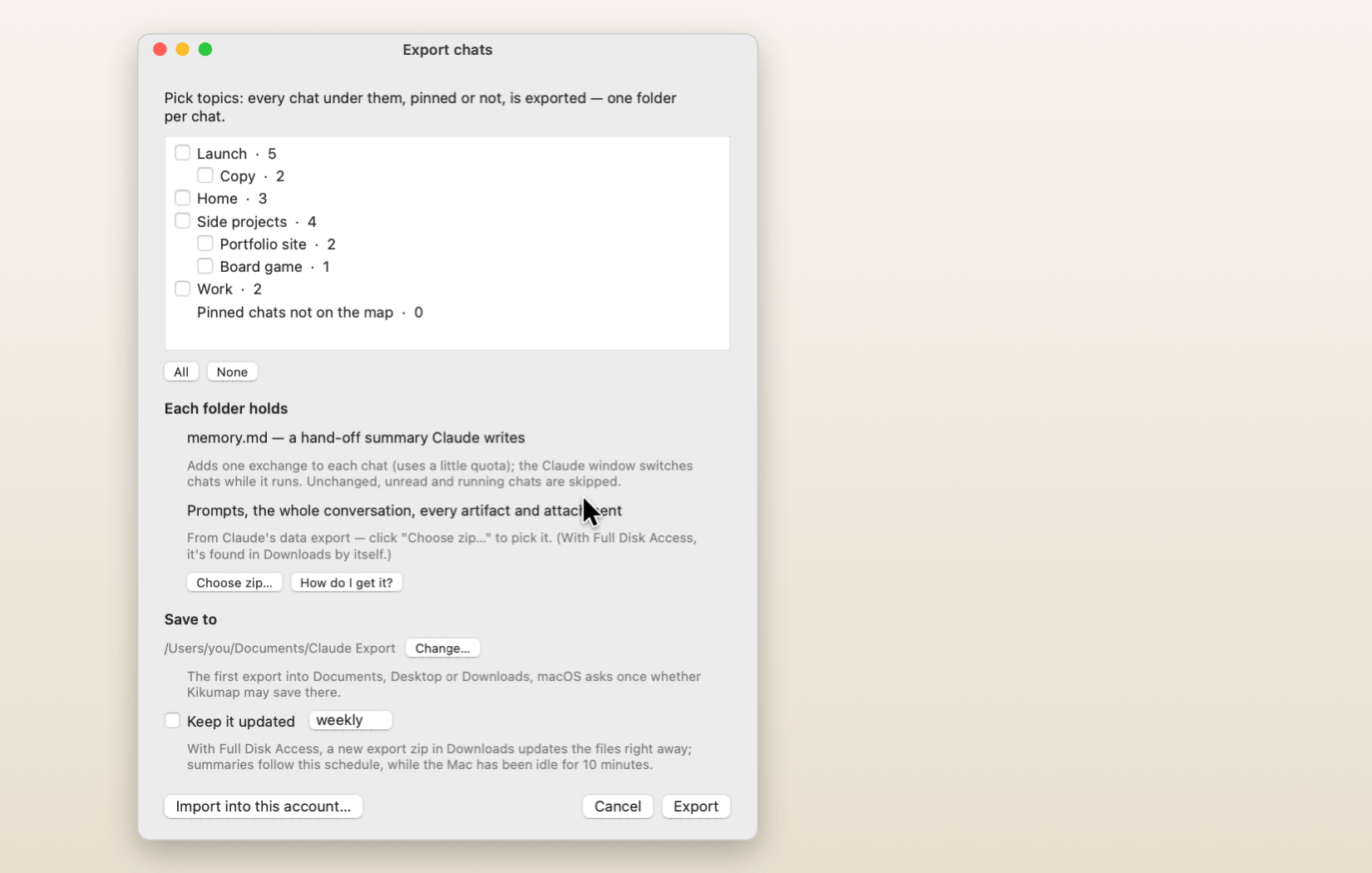 The export window: ticking Launch, Copy and Work, clicking Export, and the folder of Markdown files and artifacts that comes out