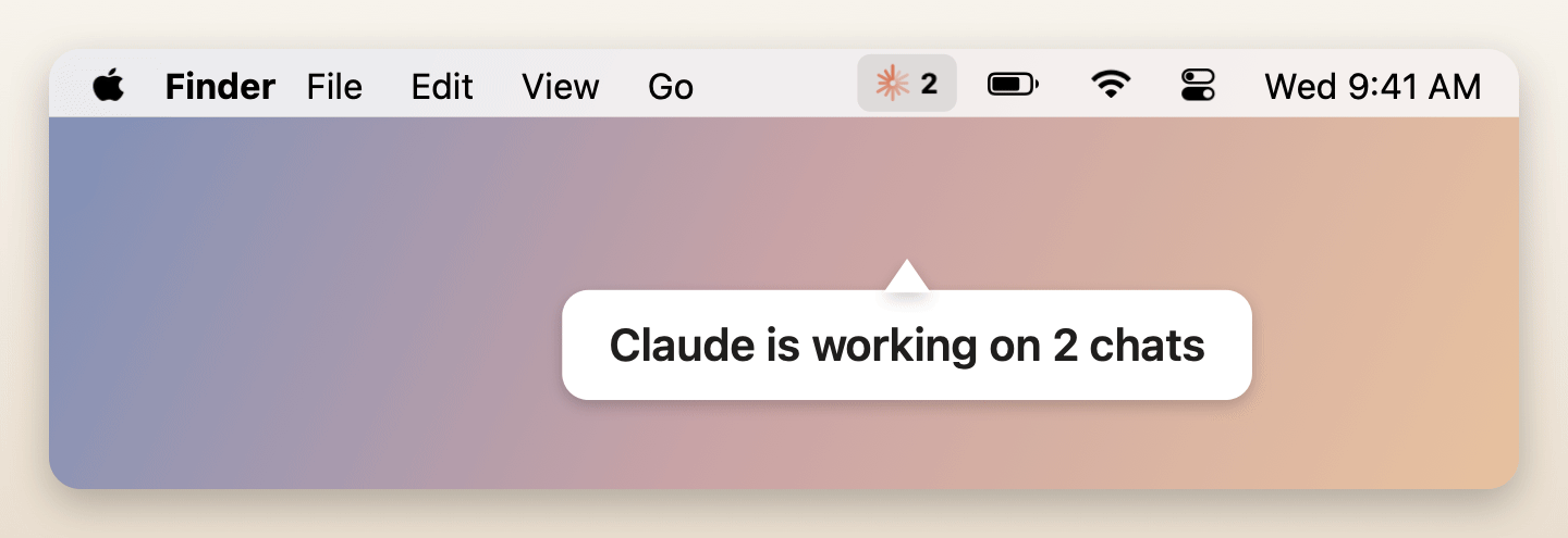 The menu-bar icon spinning while Claude works, then showing a red unread badge, then an exclamation mark when a chat needs approval