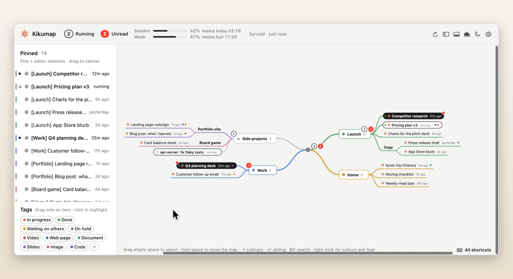 Clicking the In progress tag highlights the chats that have it; then the tag is dragged onto the Q4 planning deck, and clicked again